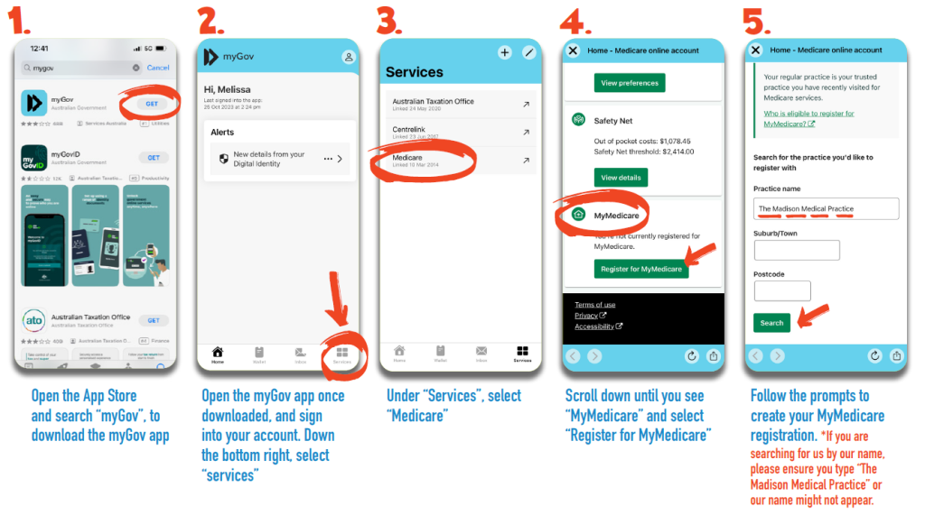 Five-step app guide showing how to share your Medicare Individual Healthcare Identifier