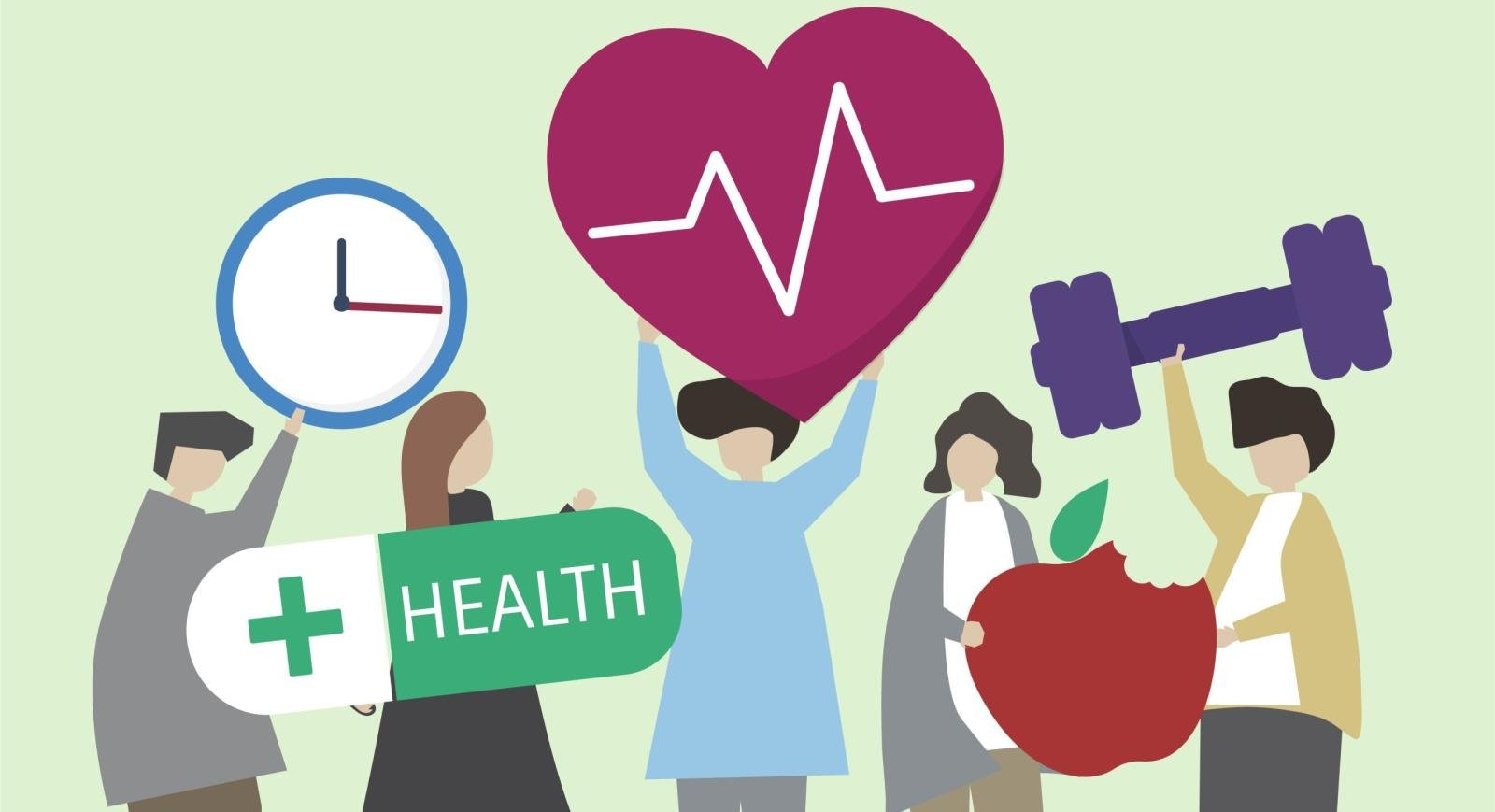 Illustration of people holding health symbols including heart, apple, clock and dumbbell