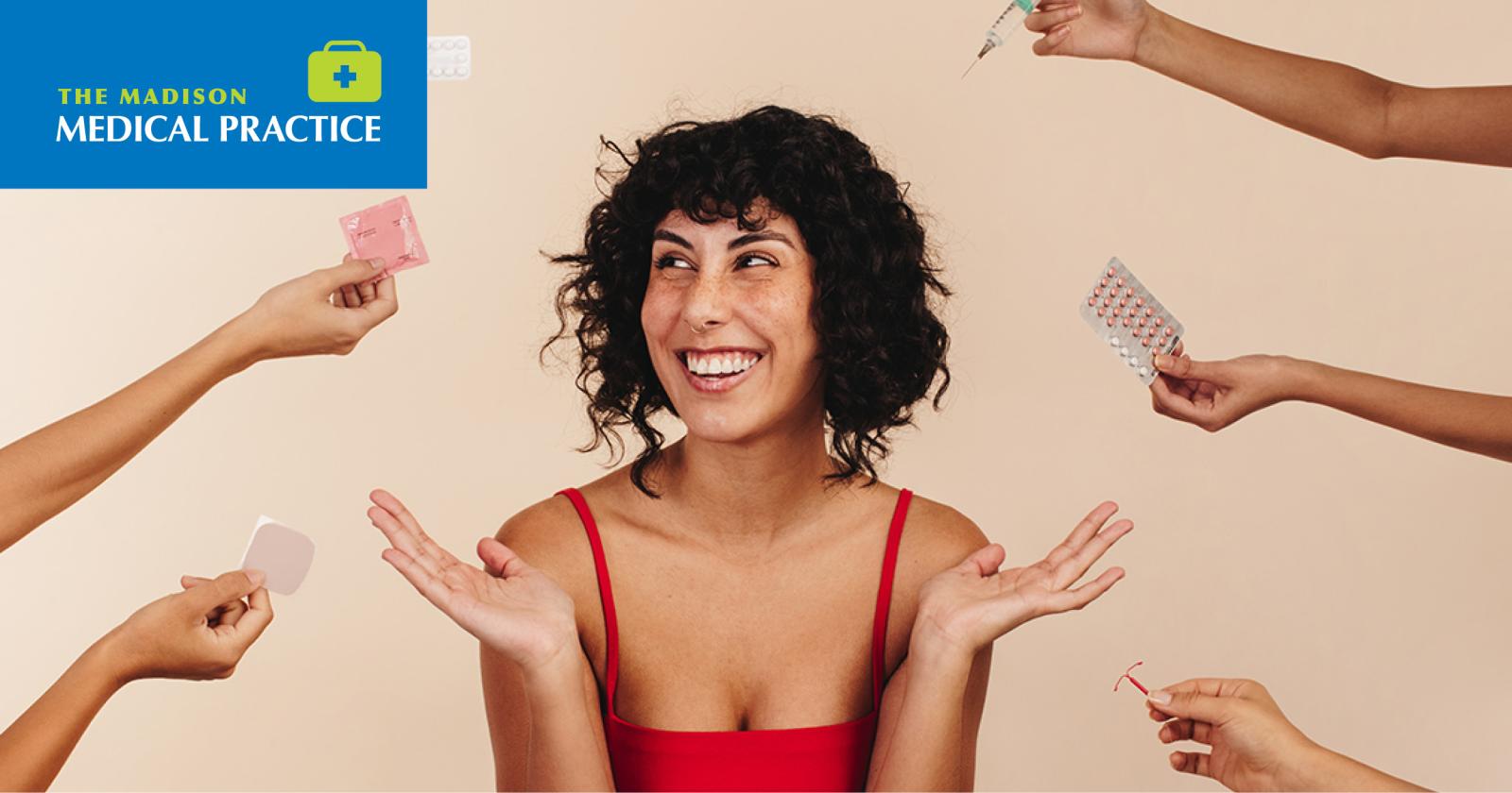 Woman smiling as several hands offer different contraception options around her