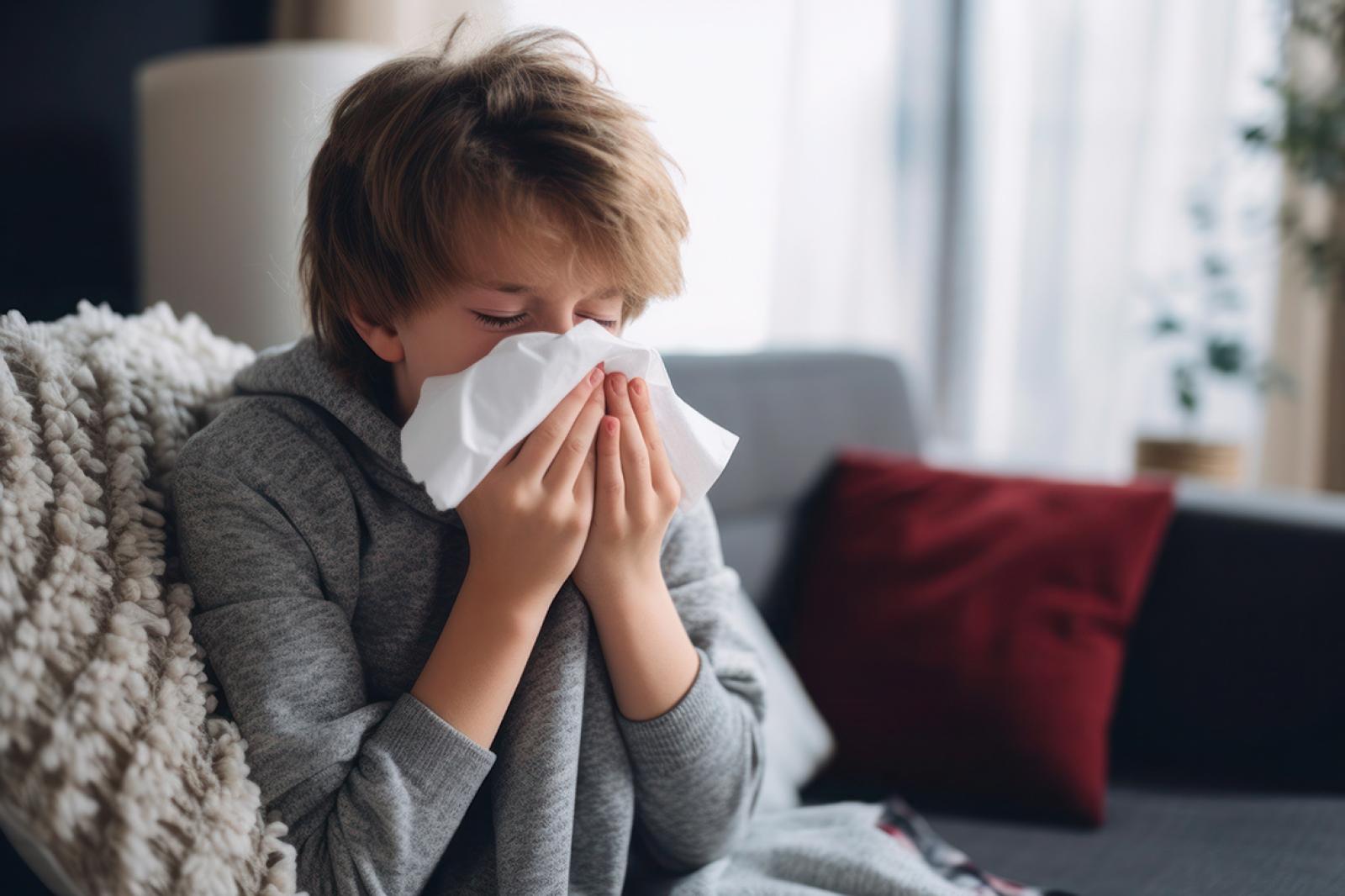 Child sitting on a sofa blowing nose into a tissue at home