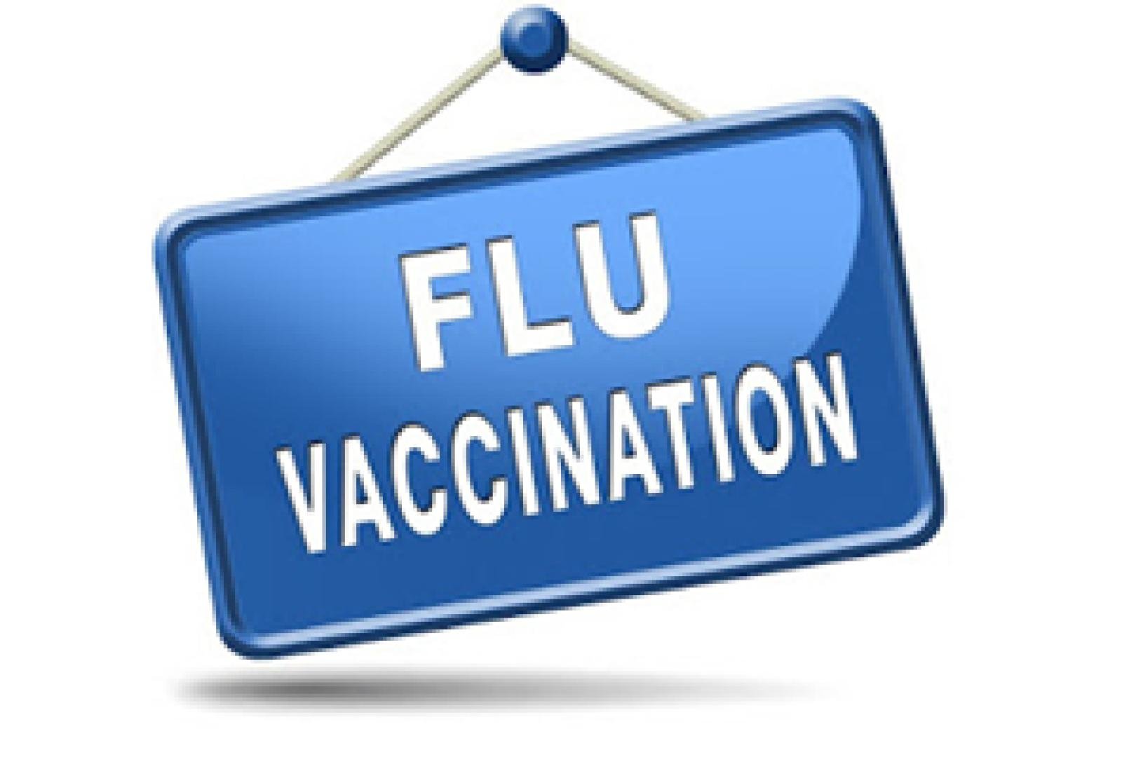 Blue sign reading Flu Vaccination hanging against a white background