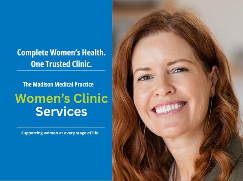 Smiling woman beside Madison Medical Practice Women’s Clinic Services promotion